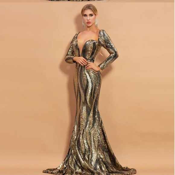 Gold and Bronze, Long Sleeve, Sweetheart Neck, Contrast Sequined and Mesh Gown - Picture 5 of 14
